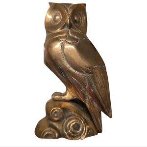 Vintage Owl Brass Owl Figurine 4 1/2" Tall Sitting on Perch Heavy Shiny Antique